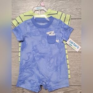 Brand New Carter's 2 Pack Baby Rompers - Blue Tie Dye and Green/Gray Stripes